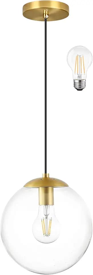 8 Inch Globe Pendant Lighting for Kitchen Island Mid Century Modern Hanging Light Fixture with Clear Globe Glass Gold Brass Hanging Ceiling Lights for Sink Bathroom Entryway (Bulb Incl.)
