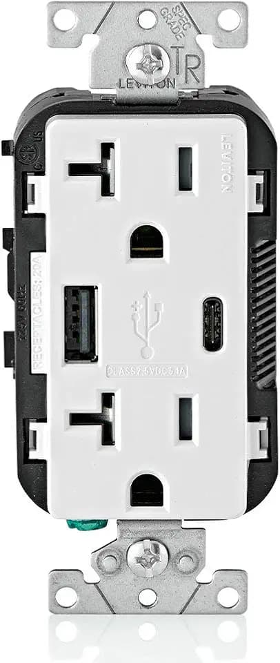Leviton Type A & Type-C USB in-Wall Charger with 20A Tamper-Resistant Outlet, USB Charger for Smartphones and Tablets. Not for Laptops, T5633-W, White
