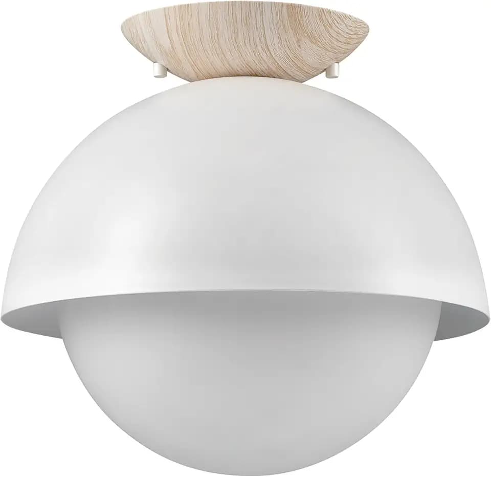 Globe Electric Oswald 1-Light Flush Mount, Matte White, Faux Wood Accent Canopy, Frosted Glass Shade, Bulb Not Included