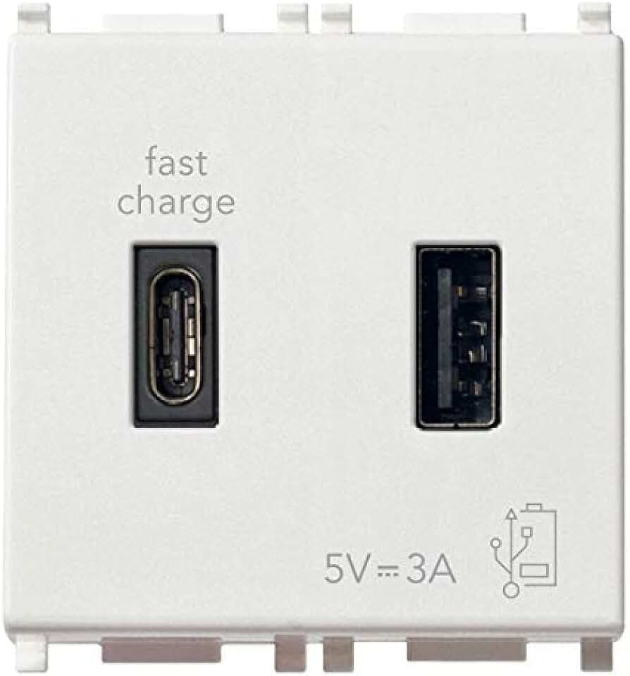 VIMAR 14295.AC USB-Netzteil 5V 3A für elektronische Geräte, 1 USB Typ A und 1 USB Typ C, Spannungsversorgung 120-240V 50/60Hz, antibakterielles Material, 2 Module, serie Plana, weiß