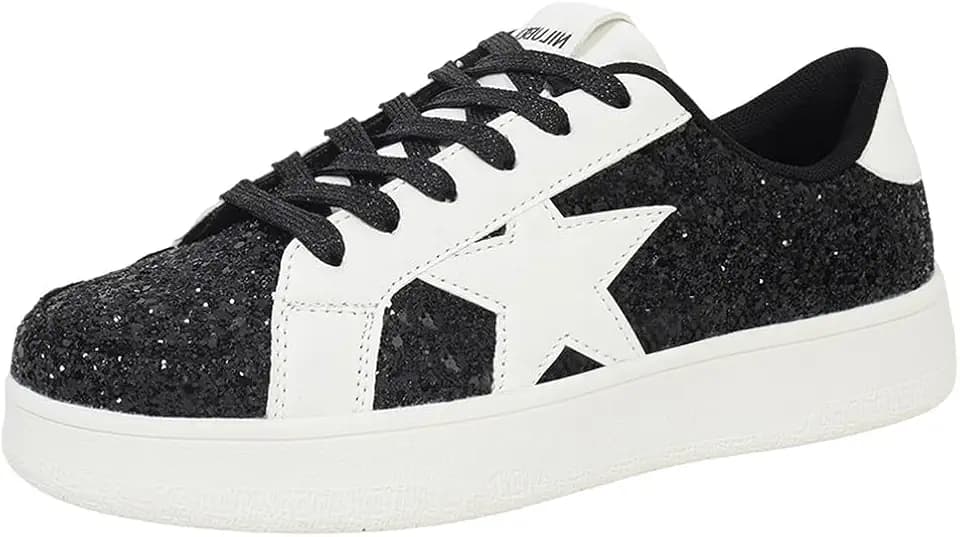 Niluber Star Sneakers for Women Low Top Comfortable Cushioned White Gold Sliver Leopard Platform Sneakers Lace Up Red Glitter Platform Party Shoes