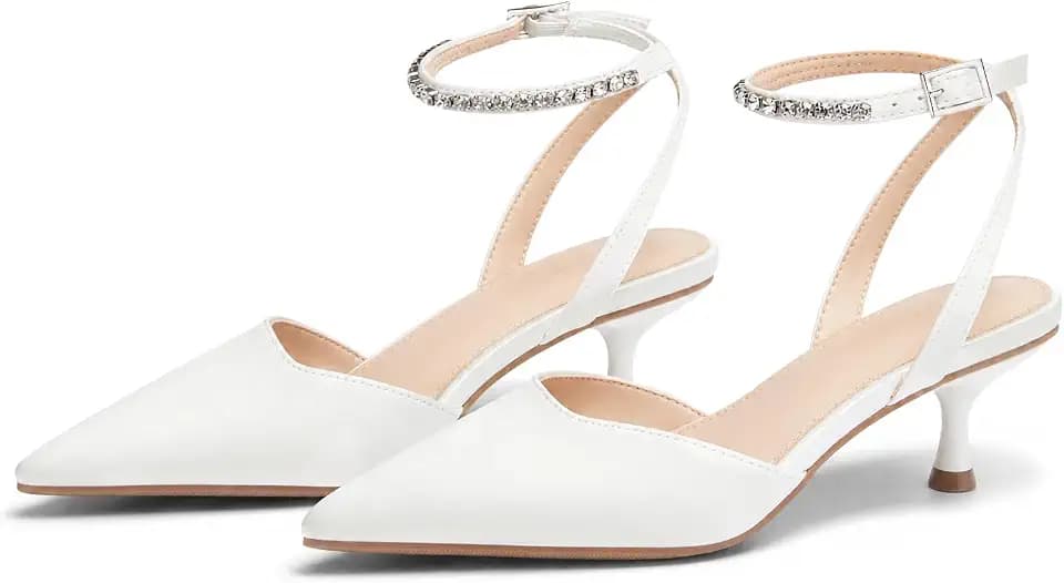 Coutgo Womens Low Kitten Heels Closed Pointed Toe Pumps Rhinestone Ankle Strap Wedding Party Dress Shoes