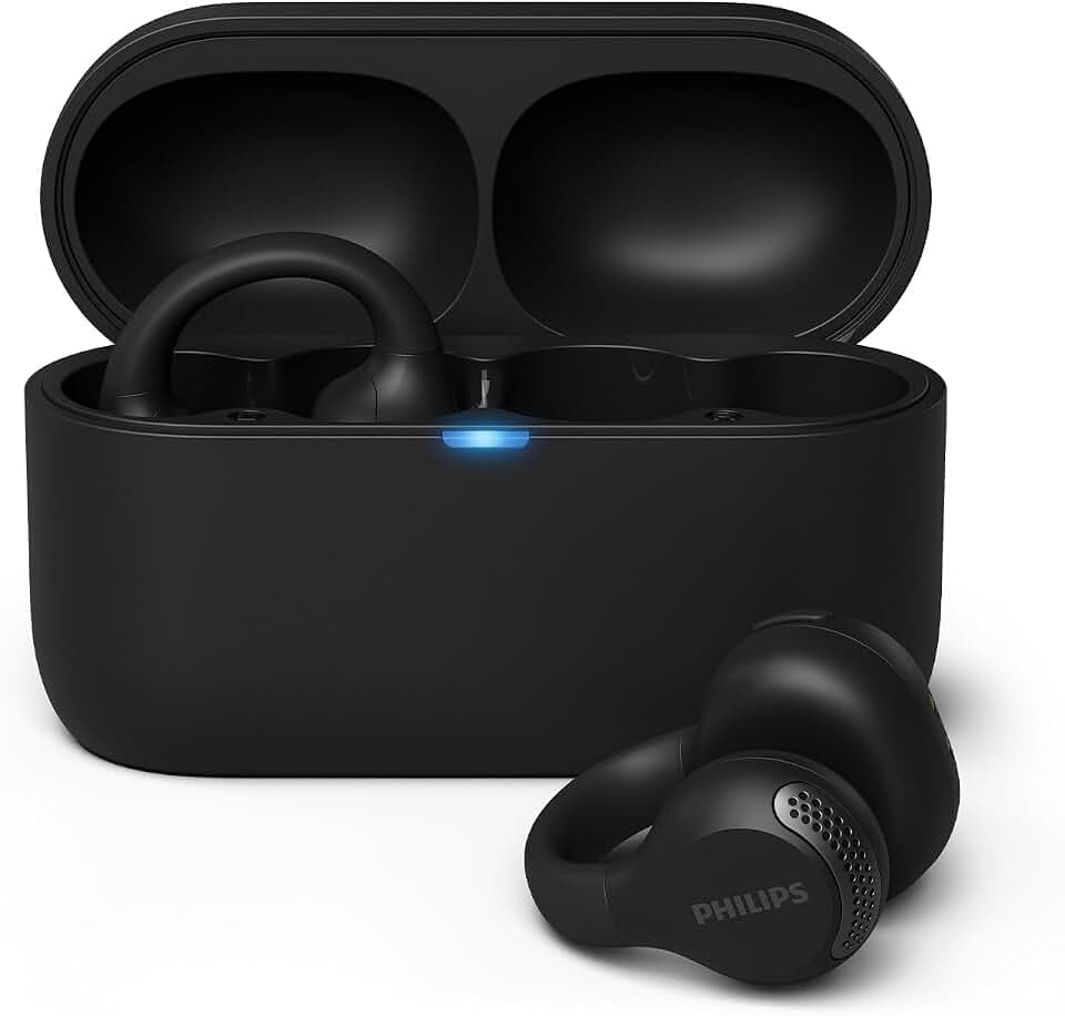 PHILIPS TAQ2000BK ohraufliegende True Wireless Multipoint-Bluetooth-Ohrhörer mit Ohrmanschette - 28 Stunden Spielzeit, Kompaktes Lade-Case, Klare Anrufe, für Arbeitsweg und Sport - Schwarz