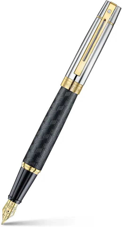 Sheaffer 300 Füllfederhalter | E9347 Gravur, mattschwarzer Schaft und glänzende Chromkappe mit PVD-Goldverzierungen | feine Feder | Premium-Füllfederhalter