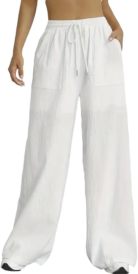 Nuofengkudu Sommer Weite Hose Damen Sommerhose Leichte Taschen Kordelzug Gummizug Lockere Lang Yogahose Freizeithose Bequeme Luftig Schlupfhose Palazzo Relaxhose