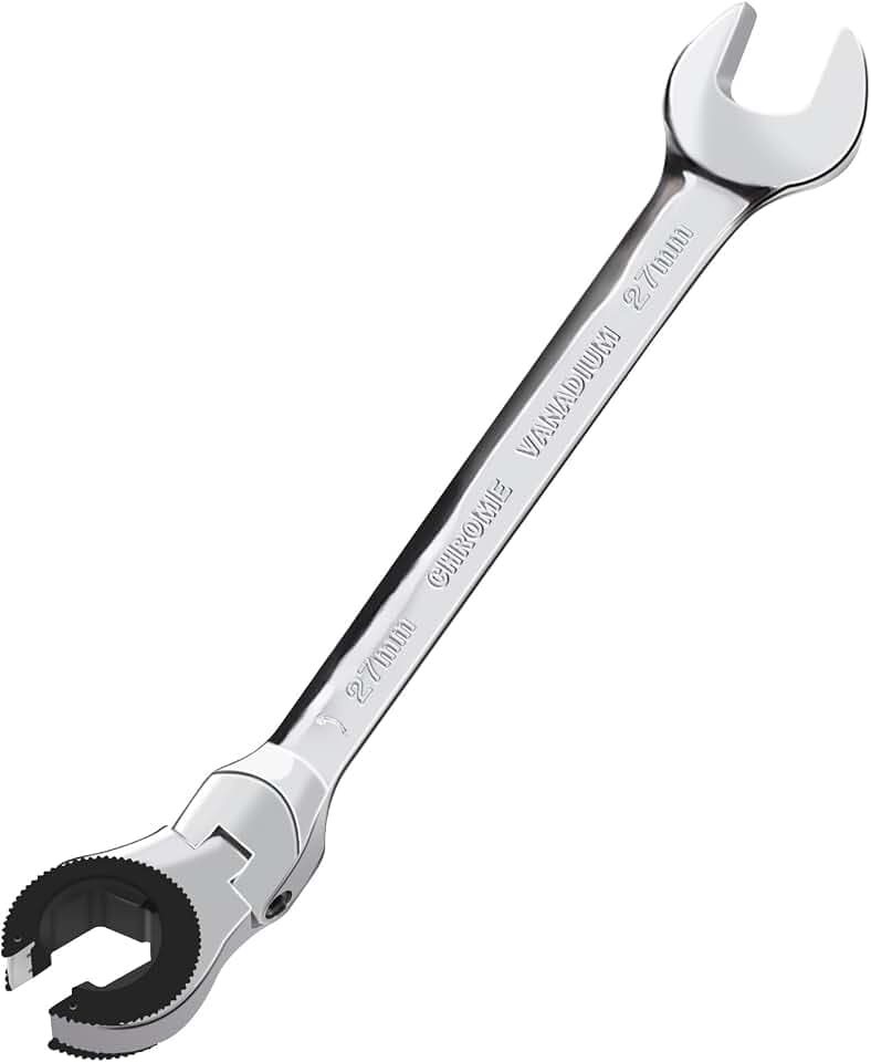 LOSCHEN 1PC 27mm Open Flex-Head Ratcheting Wrench, Metric Ratcheting Spanner with 72 Teeth, Chrome Vanadium Steel Tubing Ratchet Spanner