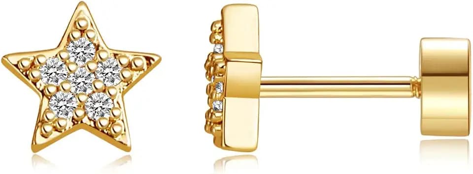 Flat Back Earrings for Women Trendy 14K Gold Plated CZ Studs Dainty Small Flatback Stud Earrings, Hypoallergenic Cartilage Tragus Piercing Screw Back Earrings Gold Jewelry Christmas Gift for Her