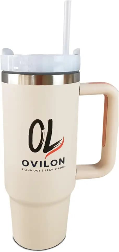 Ovilon Premium Travel Tumbler with Handle – Insulated Hot & Cold Drink Cup, Easy Grip, Leak-Proof Lid, Stainless Steel Mug (Pink, 30oz)