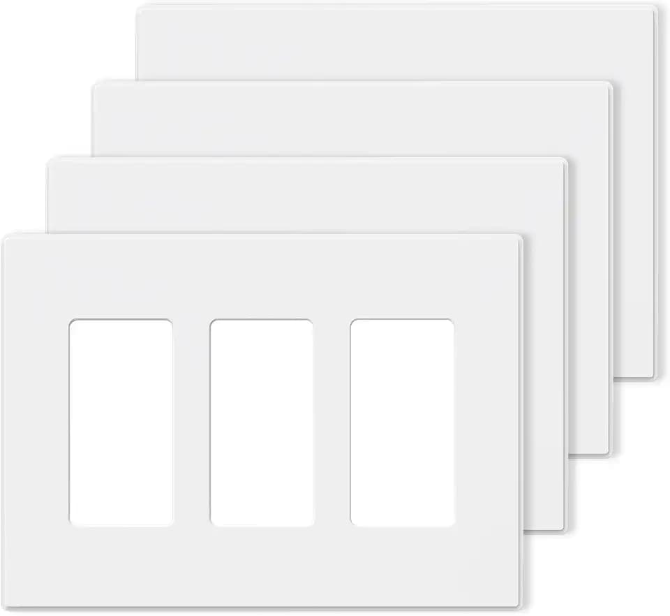 AIDA 3-Gang Midsize Screwless Light Switch Cover Plate, Matte White Decorator Wall Plates, 4-Pack Unbreakable Thermoplastic Outlet Covers & Receptacles Faceplate, UL Listed, 4.88" H x 6.75" L