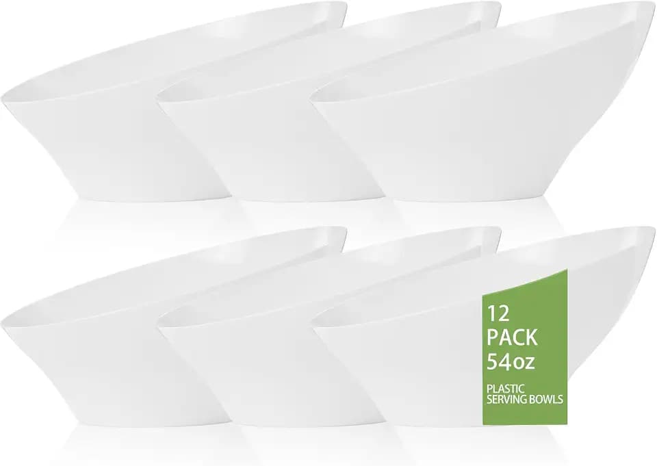bUCLA 12 Pack White Plastic Serving Bowls - 54 OZ Angled Table Salad and Fruit Bowls Disposable for Chip&Candy - Ideal for Party & Wedding