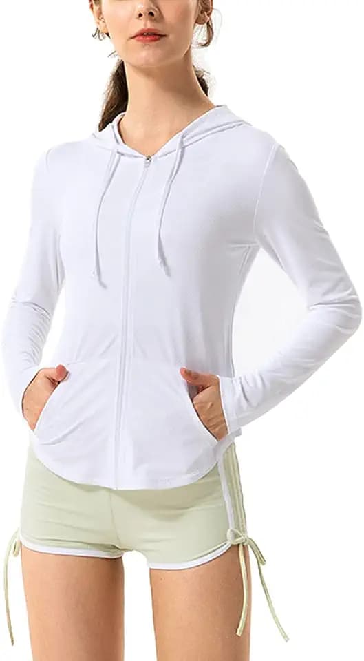 Damen Lange Ärmel UPF 50+ Sonnenschutz Jacke Mit Kapuze Fitness-Shirt mit Taschen YogaDurchgehender Reißverschluss Sportlich