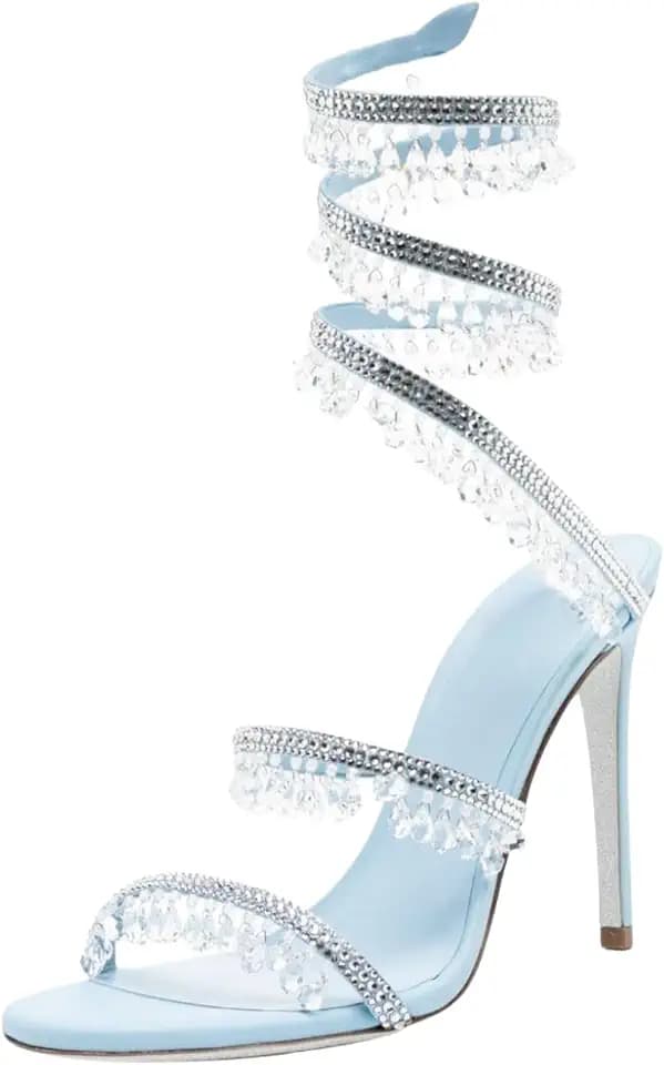 Rhinestone Tassel Wrap Around High Heels Stiletto Sandals for Women, Women's Colorful Diamonds Twist Around Open Round Toe Lace up Heeled Sandals Date Banquet Dress Wedding Prom High Heeled Shoes