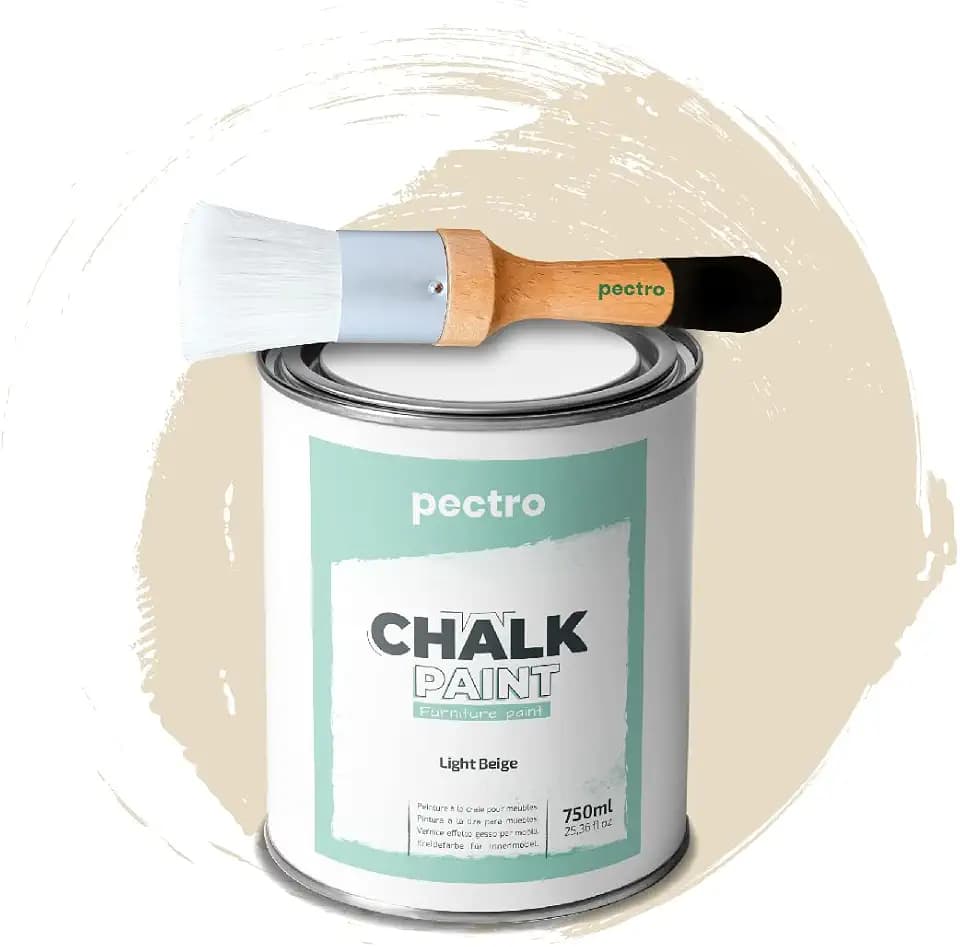 PECTRO Kreidefarbe für möbel 750ml + Malerpinsel Chalk Paint (HELL BEIGE) | Pinsel inklusive, Für Holz und Möbel, Reines Weiß, Mattes Finish, Vintage- und Shabby-Chic-Look