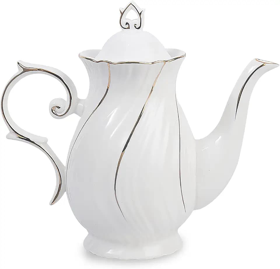 Agyiuns tea pot ceramic with lid, 38.8 Oz for Tea, Milk, Coffee, Flower tea(White with gold thread)