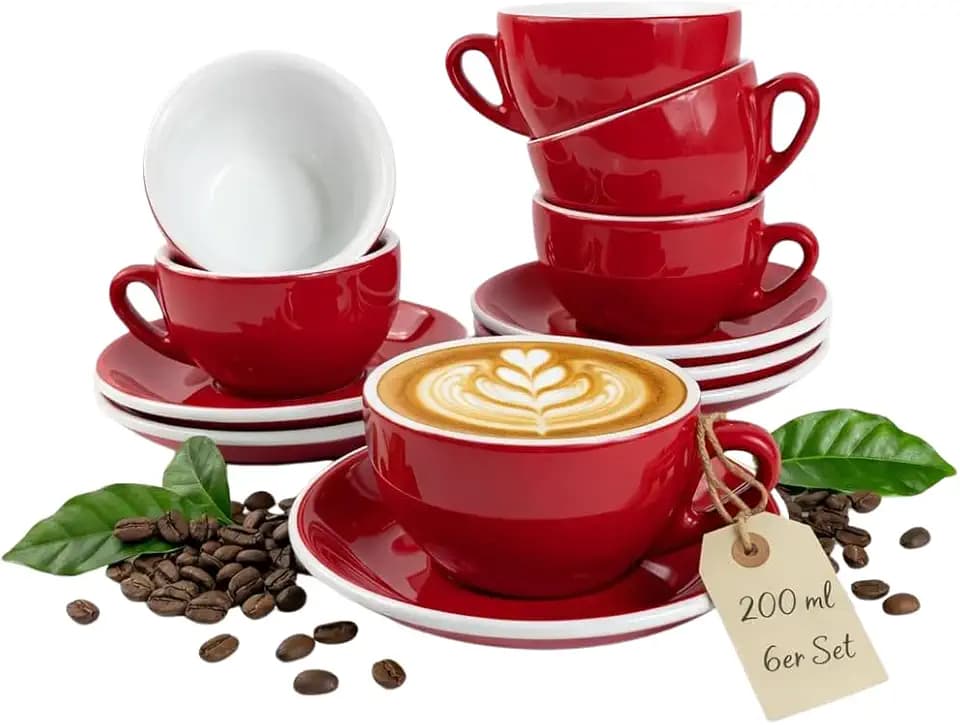6x Cappuccinotassen | Rot | Italian Style | dickwandig & schwer | spülmaschinenfest | Cappuccino 6er Set mit Untertassen - Geschenkset