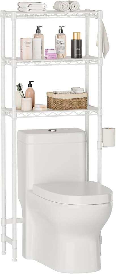 Golpart Over The Toilet Shelf,3-Tier Adjustable Freestanding Metal Bathroom Organizer Shelves with Toilet Paper Holder & Hooks,Space-Saving for Narrow Small Bathroom,10”D x 24”W x 66”H,White
