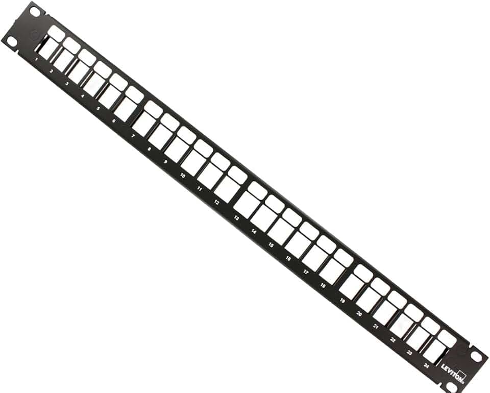 Leviton 49255-H24 QuickPort Patch Panel, 24-Port, 1RU, Cable Management Bar Included , Black, Metal, Electrical Outlet