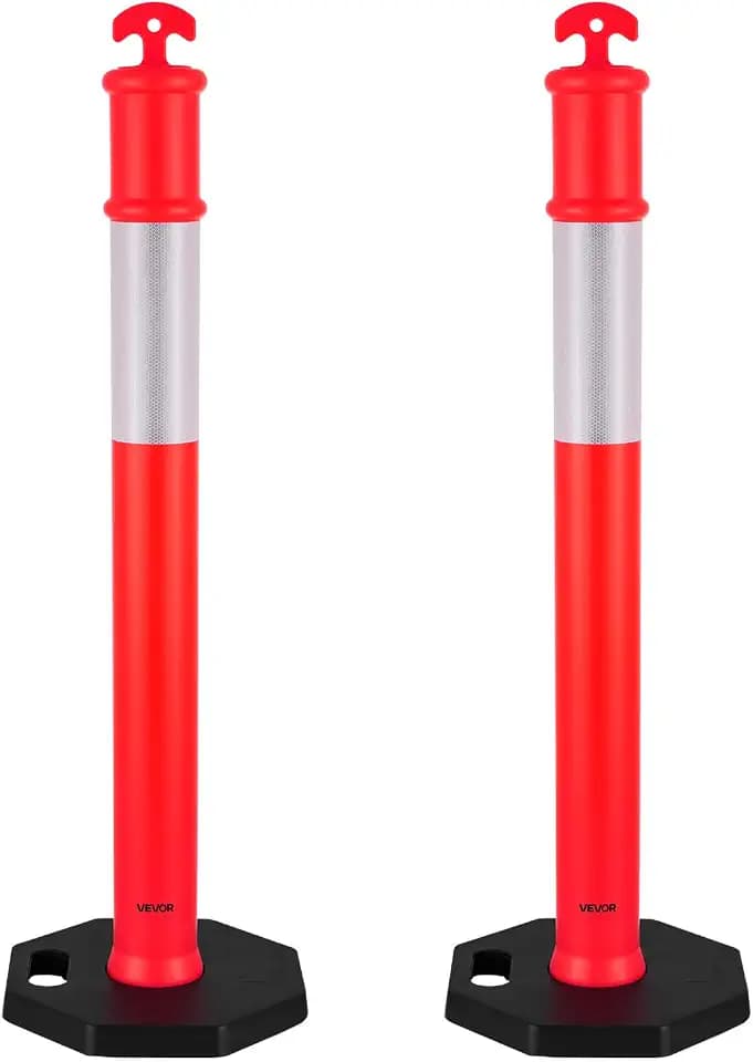 VEVOR 2 Pack Traffic Delineator Posts, 45 inches Traffic Safety Cones with Weighted Base and Reflective Strips, Heavy Duty Delineator Posts for Construction Site, Parking Lot, Crowd Control, Red