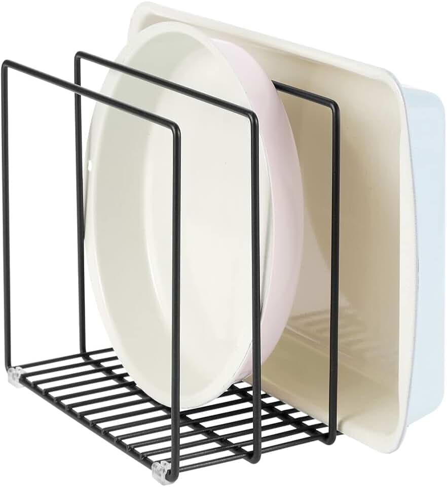 mDesign Steel Storage Tray Organizer Rack for Kitchen Cabinet - Divided Holder with 3 Slots for Skillets, Frying Pan, Pot Lids, Cutting Board, Baking Sheets - Concerto Collection - Black