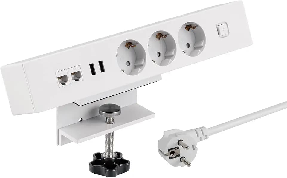 maxtrack Tischsteckdose NV62L 3-Fach Schutzkontakt mit 2X USB und 2X LAN Anschluss, Mehrfachsteckdose für Zuhause mit Tischbefestigung, Knopf zum EIN- und Ausschalten, Steckdosenleiste mit 1,8m Kabel