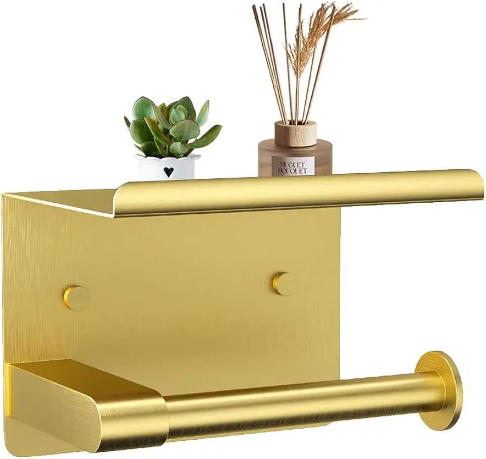 Premium Toilet Paper Holder with Phone Shelf, Wall Mounted, for Bathroom, Living Room, Restroom, RV, and so on, Stainless Steel-Rustproof,Tissue Roll Holder with Storage Shelf-Gold(YaoJooHome)