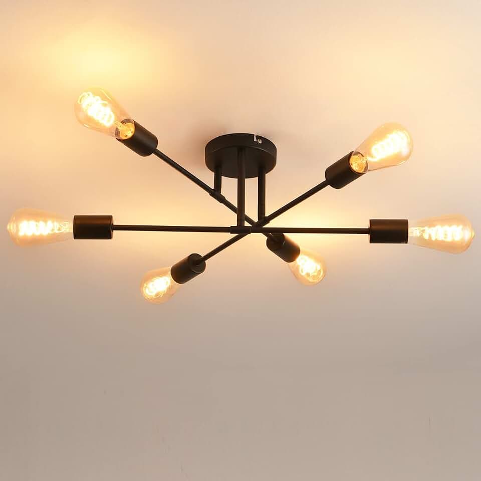 ANWIO Deckenlampe Vintage Deckenleuchte Retro - 6 Flammig Wohnzimmerlampe Industrial E27 Schwarz aus Metall Schlafzimmerlampe für Schlafzimmer Küche Esszimmer Wohnzimmer (ohne Leuchtmittel)