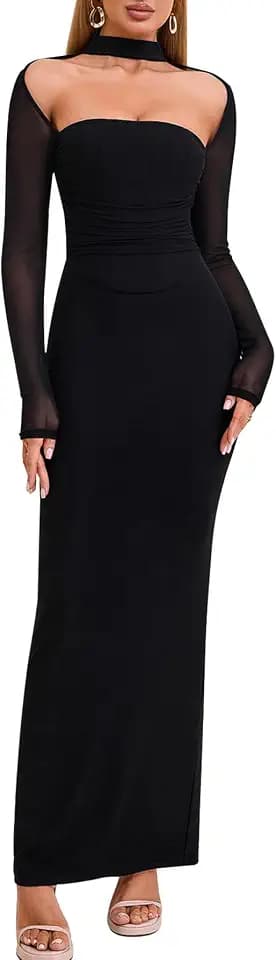 HTZMO Fall Wedding Guest Formal Long Sleeve Bodycon Maxi Dress for Women