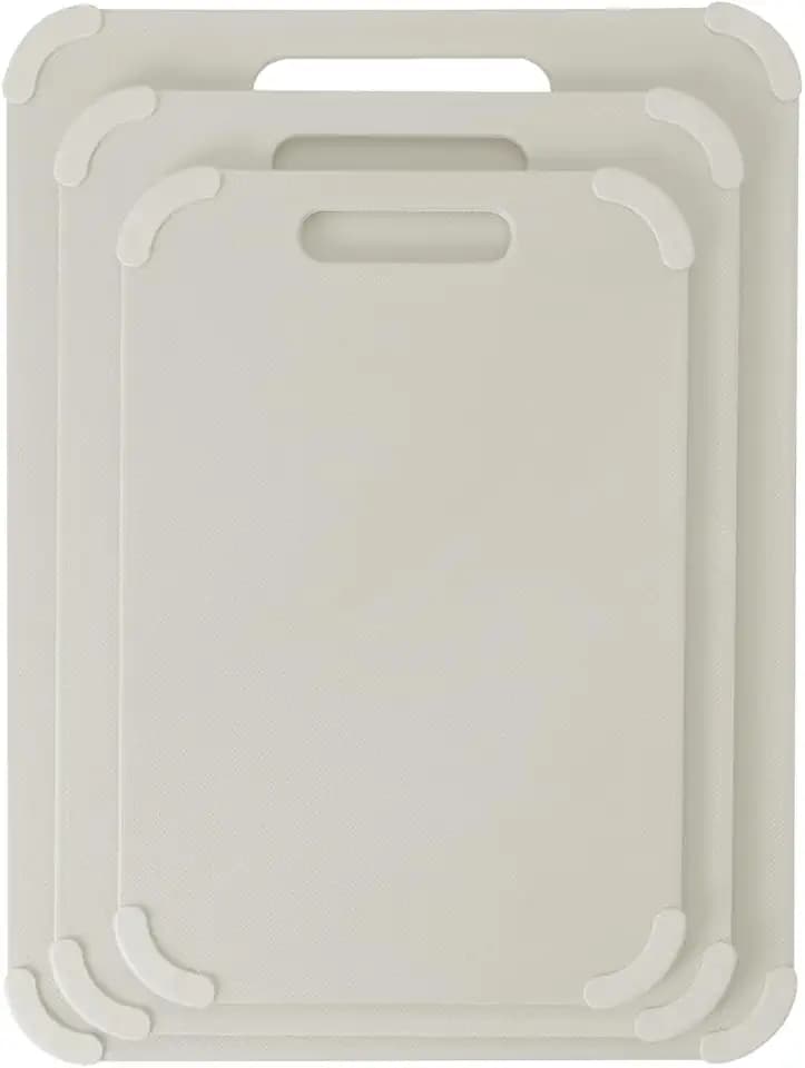 Dexas Fresh Prep 3-Pack Non-Slip Cutting Board Set – Dishwasher Safe Plastic Boards with Silicone Grip Corners & Handle, Cream (14.17" x 10.63", 12.6" x 9.06", 11.02" x 7.48")