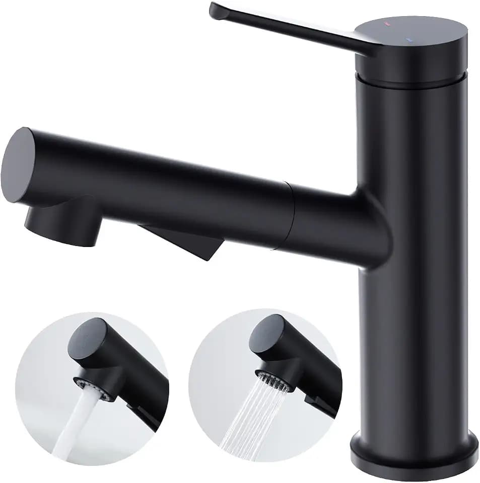 Faustina Waschtischarmatur Bad für Waschbecken ausziehbar, Einhebelmischer Waschtisch Armatur Wasserhahn Bad Waschbeckenarmatur Badarmatur, Edstahl Schwarz matt