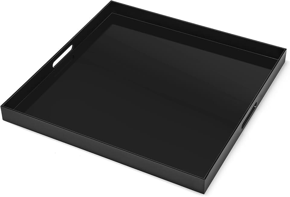 Black Acrylic Serving Tray 17×17 inches Large Decorative Ottoman Tray with Cutout Handles Organizer Tray on Coffee Table Countertop Big Breakfast Bed Tray Living Room Appetizer Sevring Food and Drink