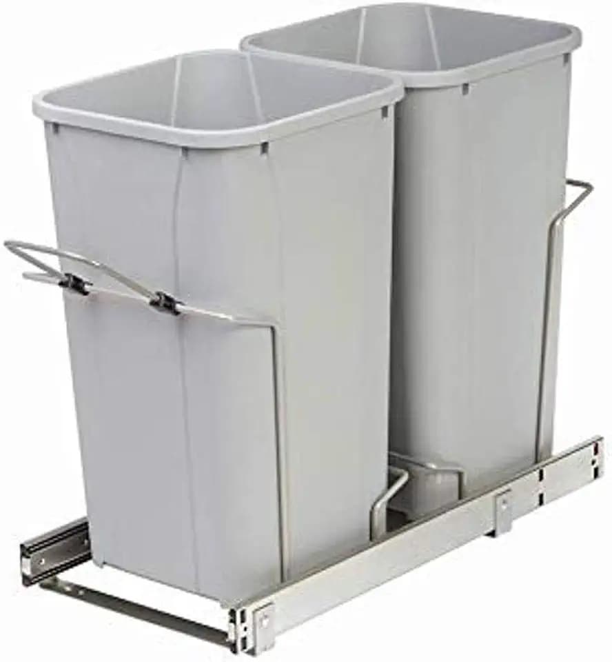 Knape & Vogt 27 Qt. in-Cabinet Pull-Out Trash Can, Double Soft Close, Bottom-Mount, Kitchen Garbarge Bin, 11 in. x 22 in. x 18-3/4 in., SCB12-2-27PT, Platinum