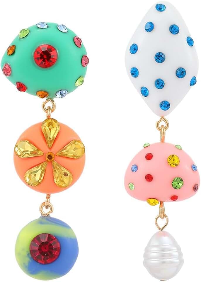 Channel V Asymmetrical Candy Color Rhinestone Earrings Festival Unique Trendy Bridal Statement Boho Vintage Drop Earrings Handmade Big Long Tassel Jewelry Korean Fashion for Women