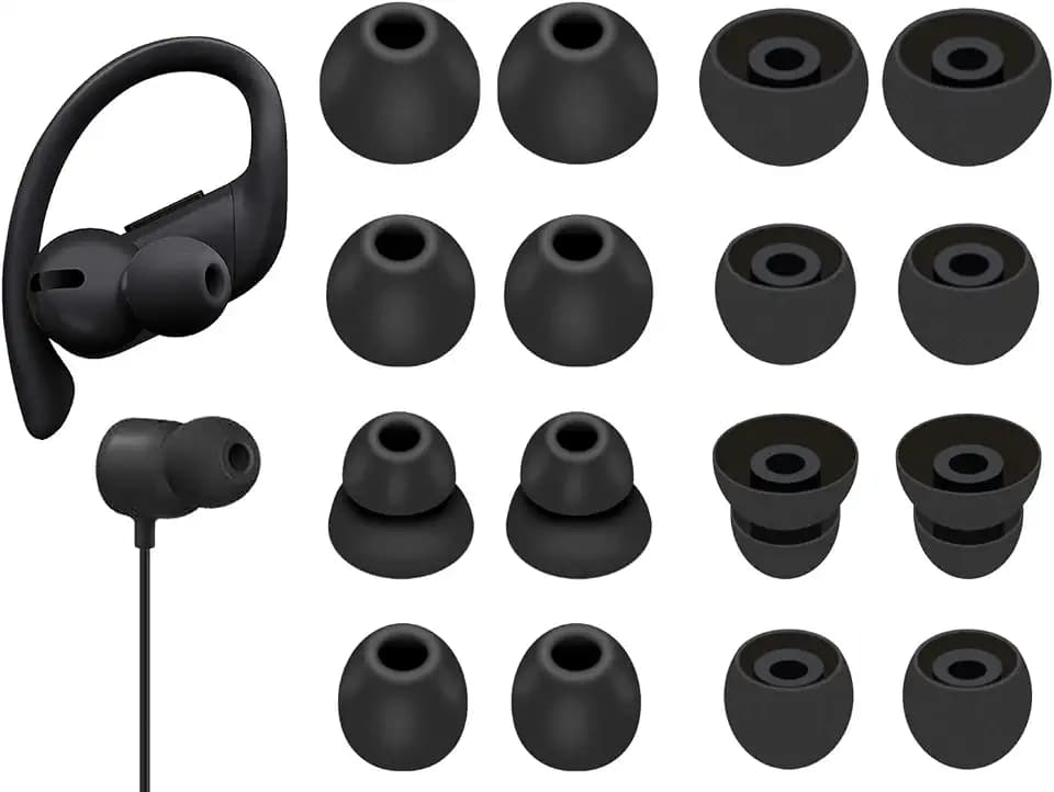 8 Pairs Powerbeats Pro Ear Tips Buds, 4 Size Replacement Soft Flexible Fit in Case Noise Reduce Silicone Rubber Gel Earbuds Eartips Wing Skin Accessories Compatible with Beats Flex/BeatsX - Black