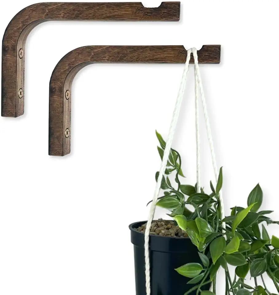 EvenWood 2-Piece Set of Plant Hooks for Wall 6 Inch - Mounted Wooden Plant Hook - Indoor and Outdoor Bracket Plant Hanger for Planters, Lanterns, Bird Feeders, Patio Decorations (Walnut)