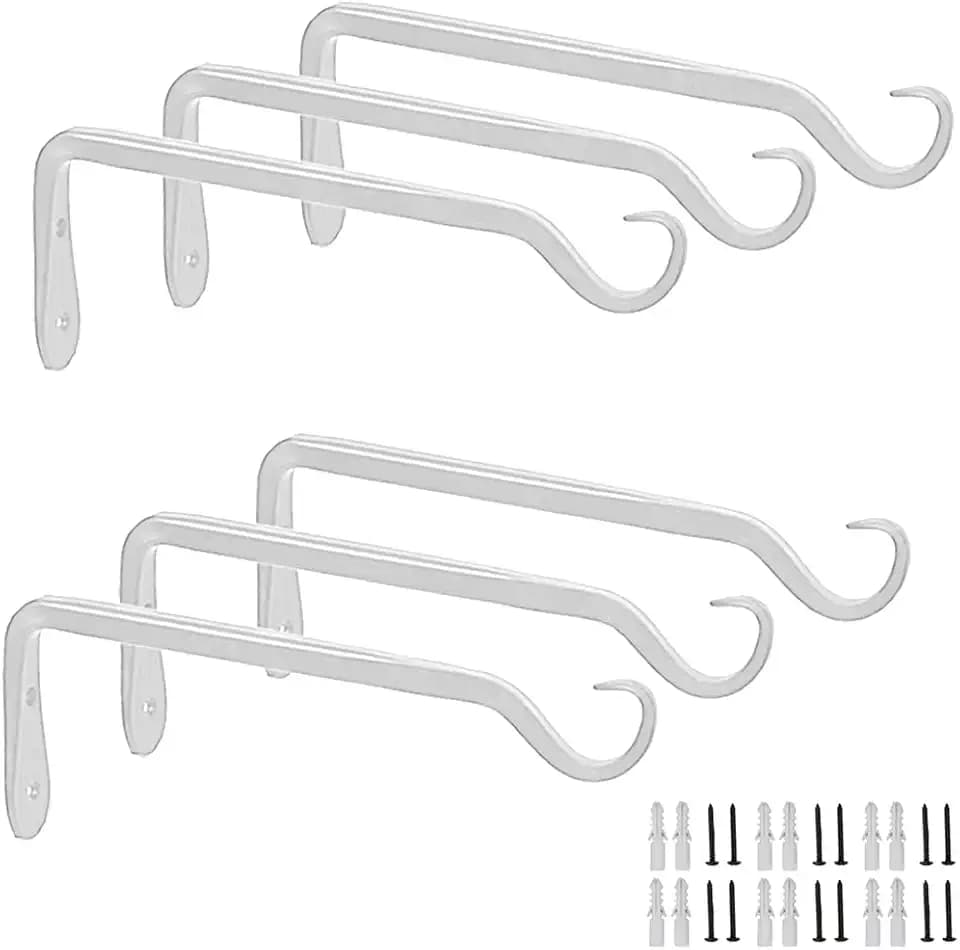 Worth Garden 6 Pack 7" Plant Hanger Bracket Wrought Iron Wall Hook Hanging Heavy Duty Plant Hooks Durable and Stable for Bird Feeders, Planters Indoor & Outdoor - White