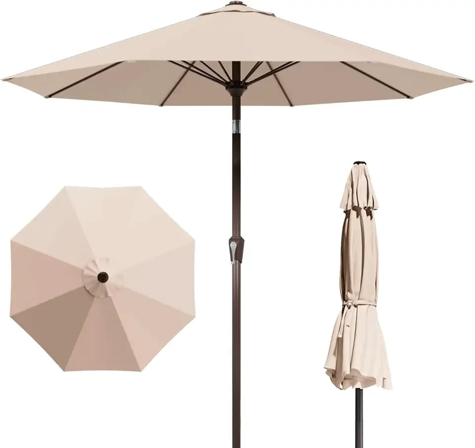 9FT Patio Umbrella with Fiberglass Ribs, Outdoor Market Table Umbrella with Crank and Tilt, UV Resistant Waterproof Canopy for Patio, Garden, Deck, Pool, Beige