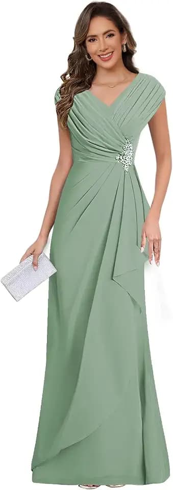 Cap Sleeve V Neck Mother of The Bride Dresses for Women 2026 Long Ruched Mermaid Formal Evening Dress