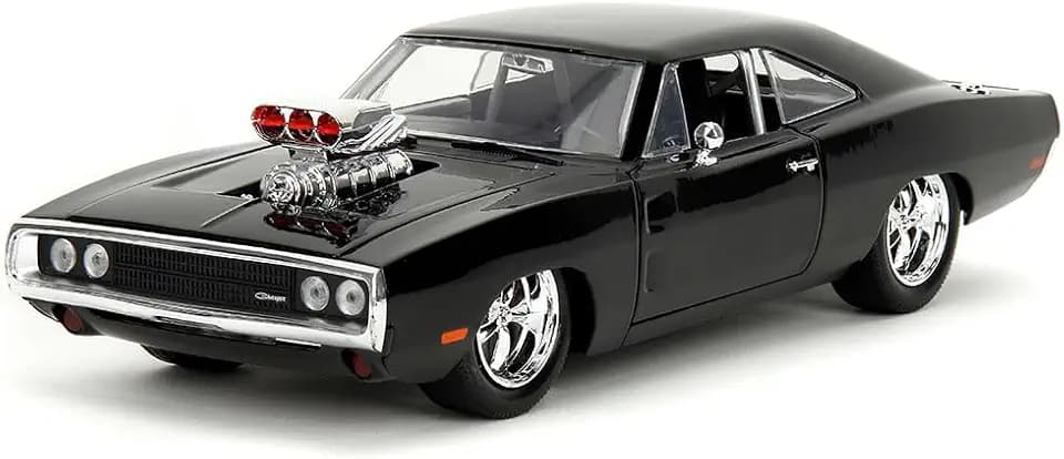 Jada Toys - Fast and Furious Auto Dom`s Dodge Charger Street (1:24, schwarz) - Modellauto 1970 Dodge Charger R/T aus Fast & Furious, Spielzeugauto aus Metall ab 8 Jahre mit Teilen zum Öffnen, 19cm