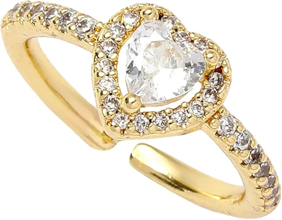 Gold Birthstone Rings for Women Non Tarnish 14k Gold Plated Dainty Heart Rings Adjustable Size Cubic Zirconia Ring Gold Simulated Gemstone Rings Birthday Gifts for Women