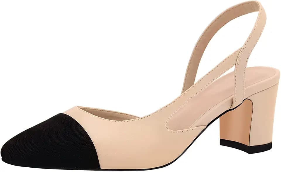 MICIFA Slingback Heels for Women，Round Toe Chunky Heeled Pumps Ankle Strap Fashion Splicing Dress Shoes