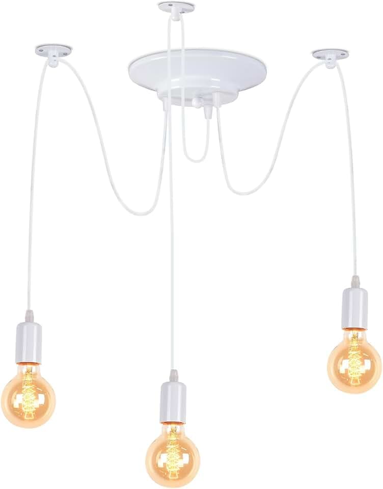 iDEGU Pendelleuchte, Retro, 3 Leuchten, Kronleuchter, DIY Hängelampe, E27, mit Kabel, 150 cm, dimmbar, Vintage-Deckenleuchte, für Wohnzimmer, Schlafzimmer, Esszimmer, Restaurant (3-flammig, weiß)