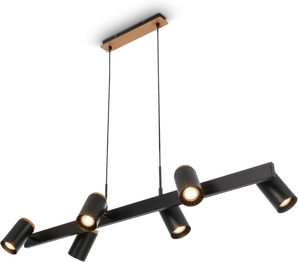 BRILONER - Pendelleuchte mit Spotköpfen, schwenkbar, 6x GU10 Fassung, Deckenlampe, Deckenleuchte, Hängelampe Esstisch, Küchenlampe hängend, Esszimmerlampe, 110x24,9x120 cm, Schwarz-Holz