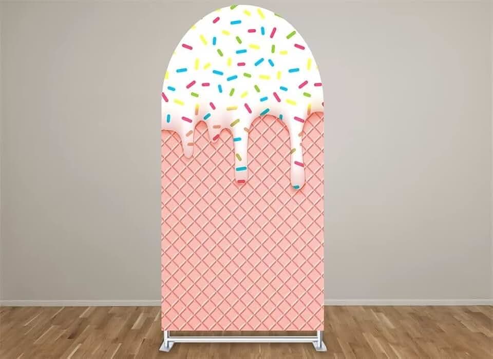 Sweet Candy Arch Backdrop Cover for Girl Donut Themed Birthday Party Decorations Chiara Backdrops Arched Wall Covers Stands Display Props Flowing Glaze Ice Cream Waffle Cone Banner GX74 2.5ft * 6ft