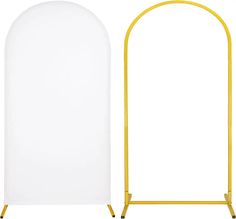 Metal Arch Stand and Cover Set,1 White Spandex Fitted Backdrop with 1 Gold Wedding Arched Stand Frame for Parties Birthday Baby Shower Bridal Banquet Decoration (6.6FT)