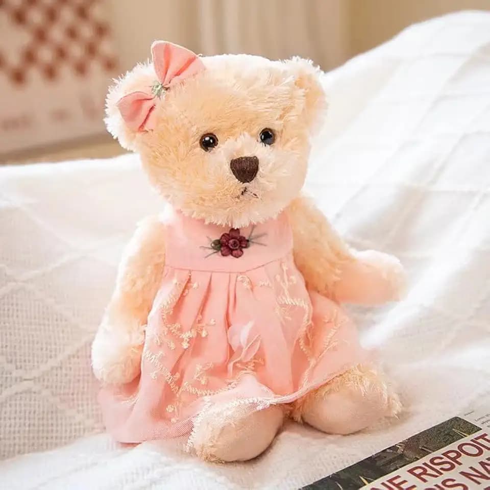 Small Teddy Bear Stuffed Animal in a Dress, Cute Soft Plush Toy, Cuddly Gift for Babies, Boys, Girls on Christmas or Valentine's Day (10 inches, Pink Orange Dress)