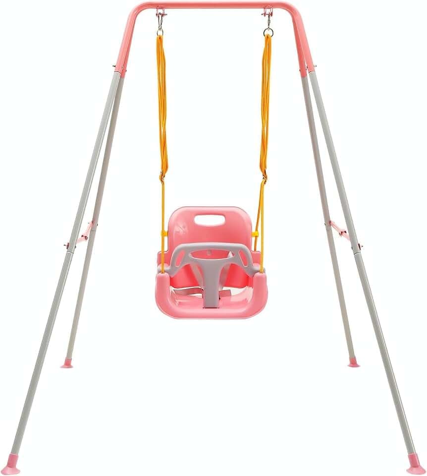 FUNLIO 3‑in‑1 Toddler Swing Set, Foldable Metal Stand with 4 Sandbags, Pink