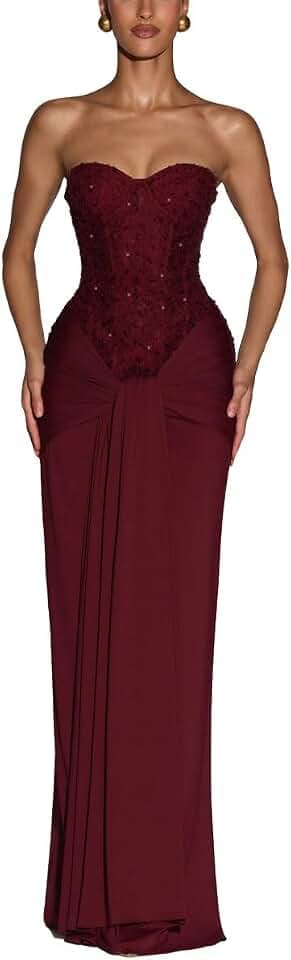 Womens Strapless Tie Waist Bodycon Long Formal Dress