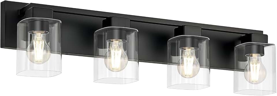 4-Light Matte Black Bathroom Light Fixtures, with Clear Glass Shade