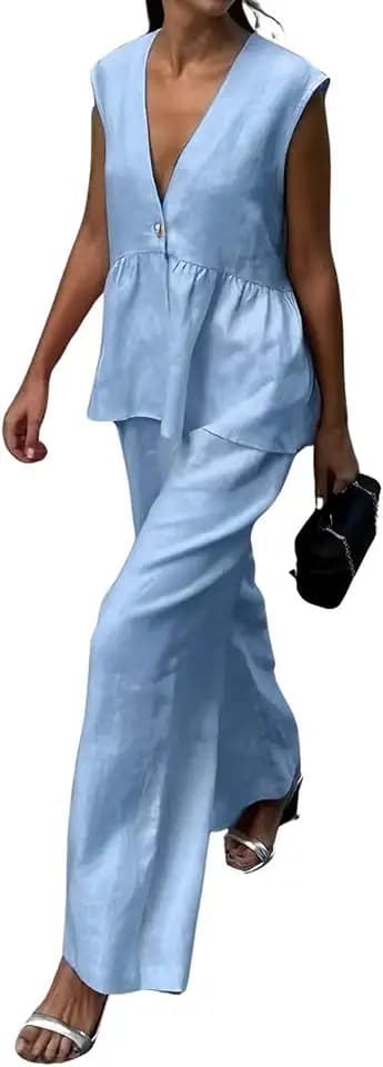 Womens Dressy Two Piece Sets Sleeveless V Neck Peplum Vest Wide Leg Pants