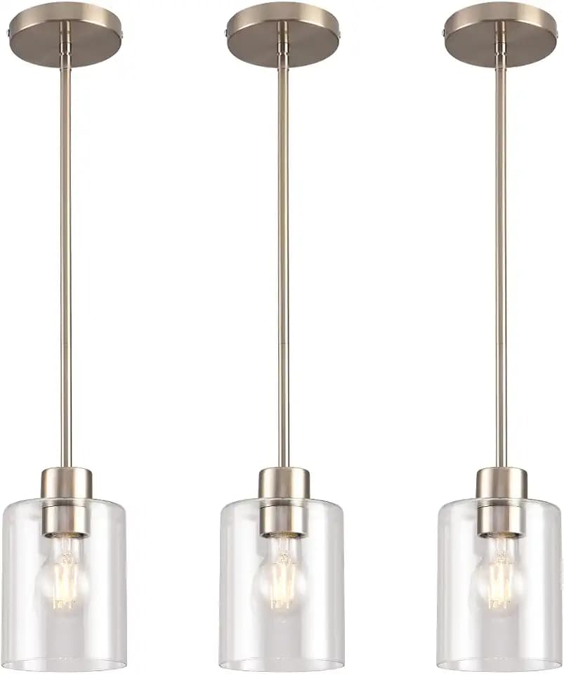 Brushed Nickel Pendant Lights Kitchen Island - Clear Glass Pendant Light Fixture Multiple Stems Rods 3 Units 12 Inch 3 Units 4 Inch (3 Pack Brushed Nickel)